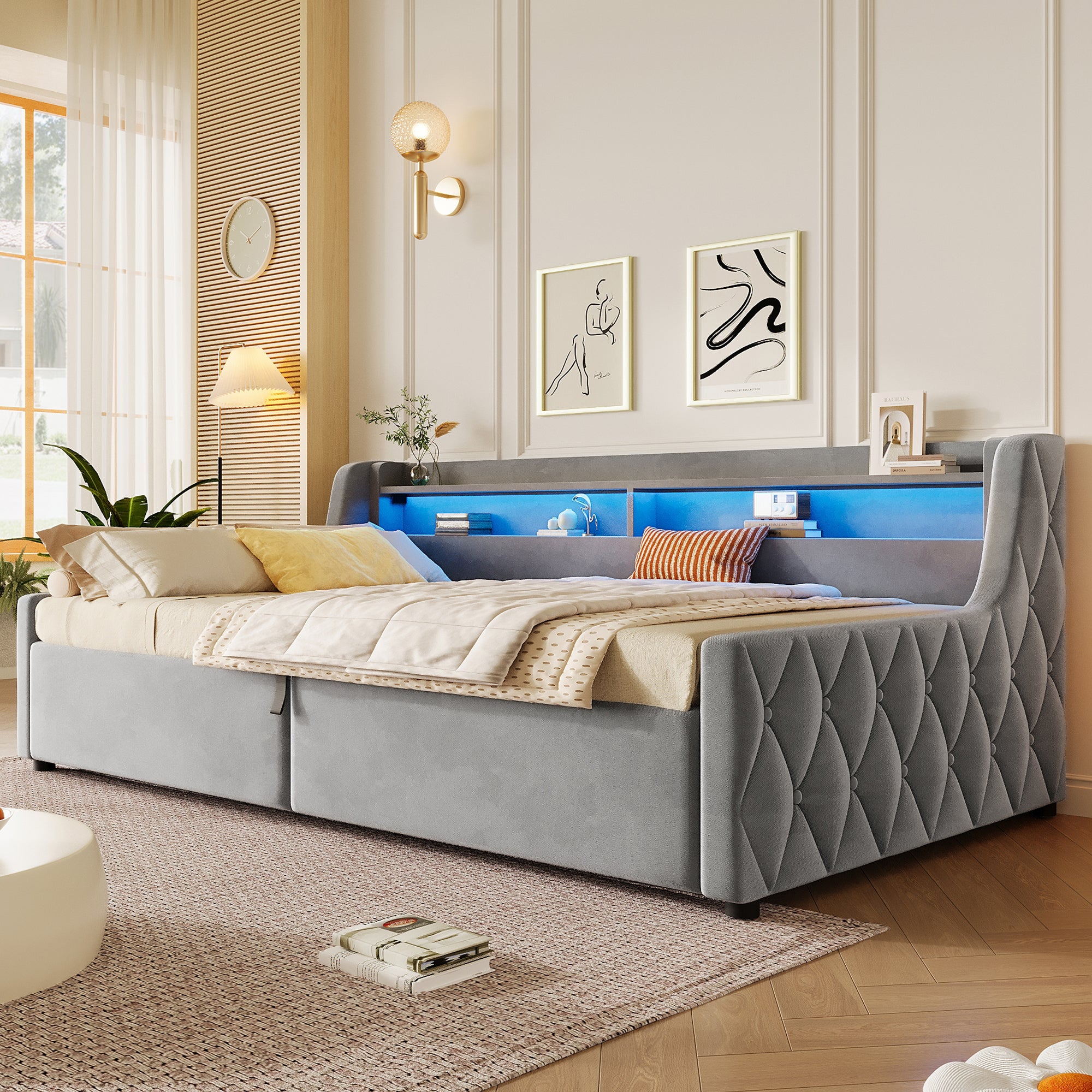 Platform Bed 90x200, Hydraulic Storage & LED, Grey Velvet