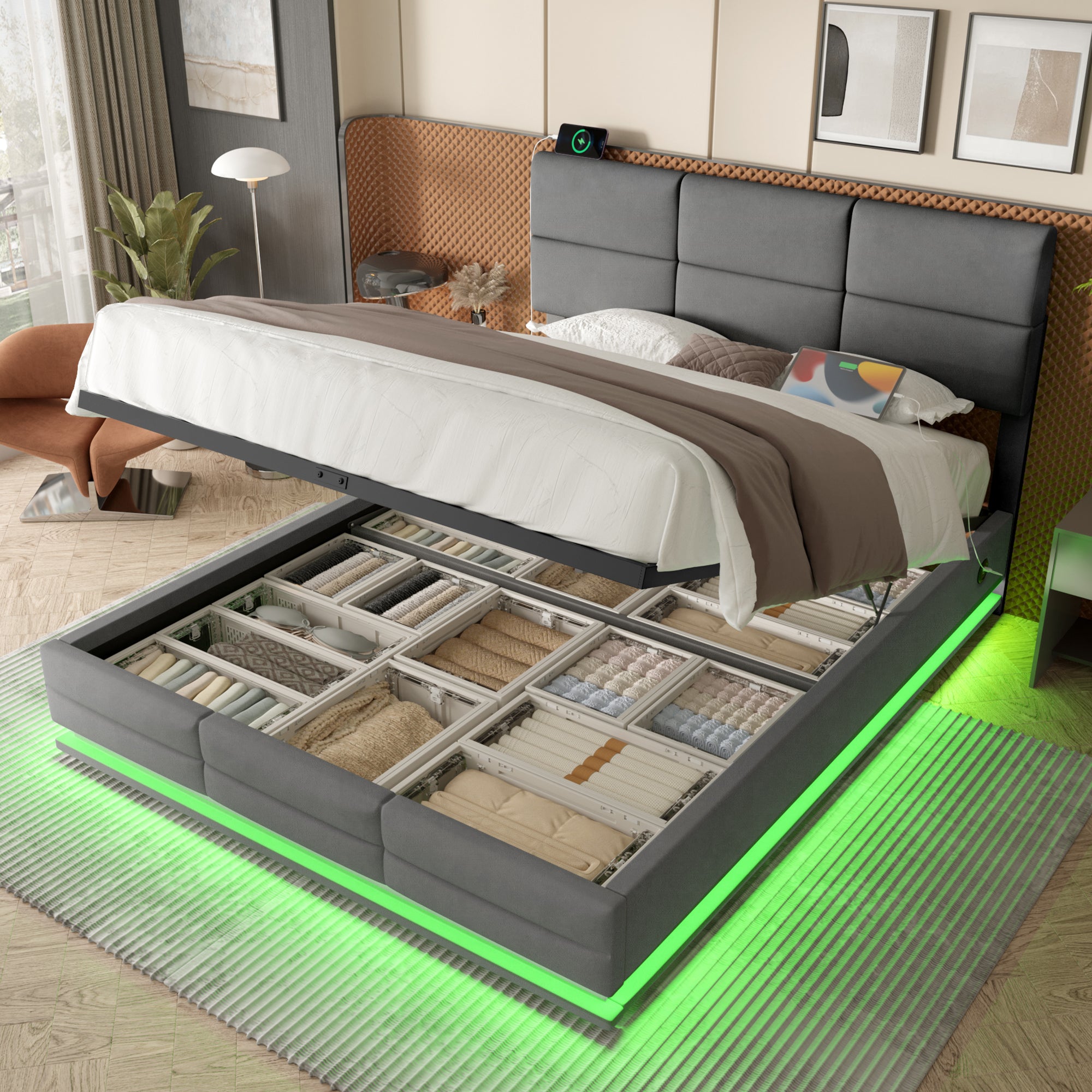 Upholstered Bed 180x200cm with Storage & LED, Grey Velour