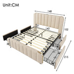Upholstered Bed 140x200cm with 4 Drawers & USB, Beige Linen
