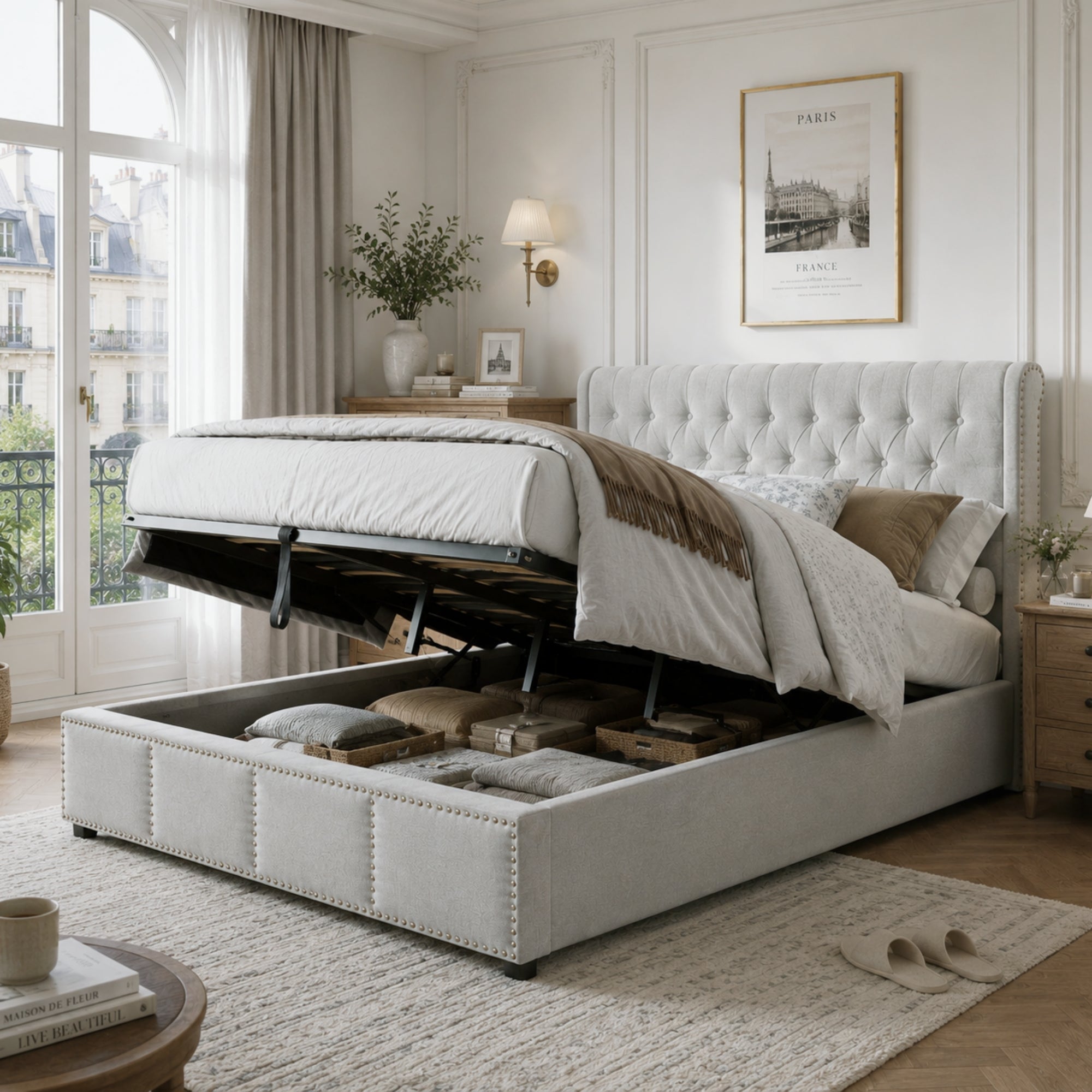 Cotton-Linen Upholstered Bed 160x200cm with Storage, Light Grey