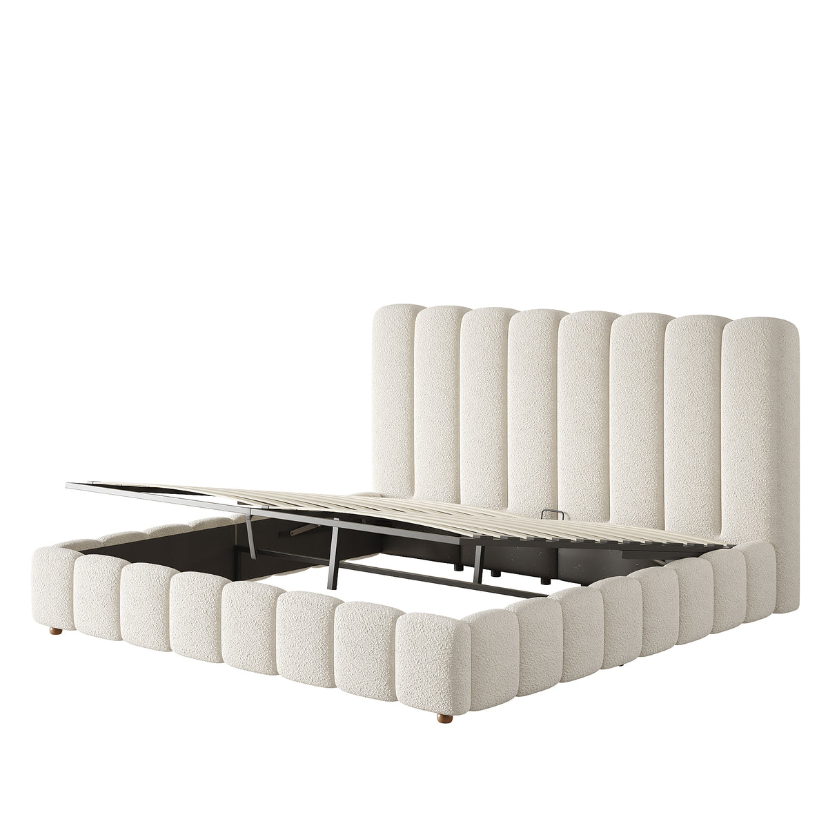 Upholstered Double Bed 180x200cm with Storage, White Bouclé