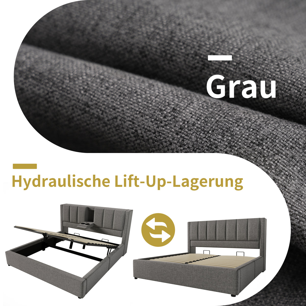 Wooden Double Bed 160x200cm with Storage & LED, Light Oak