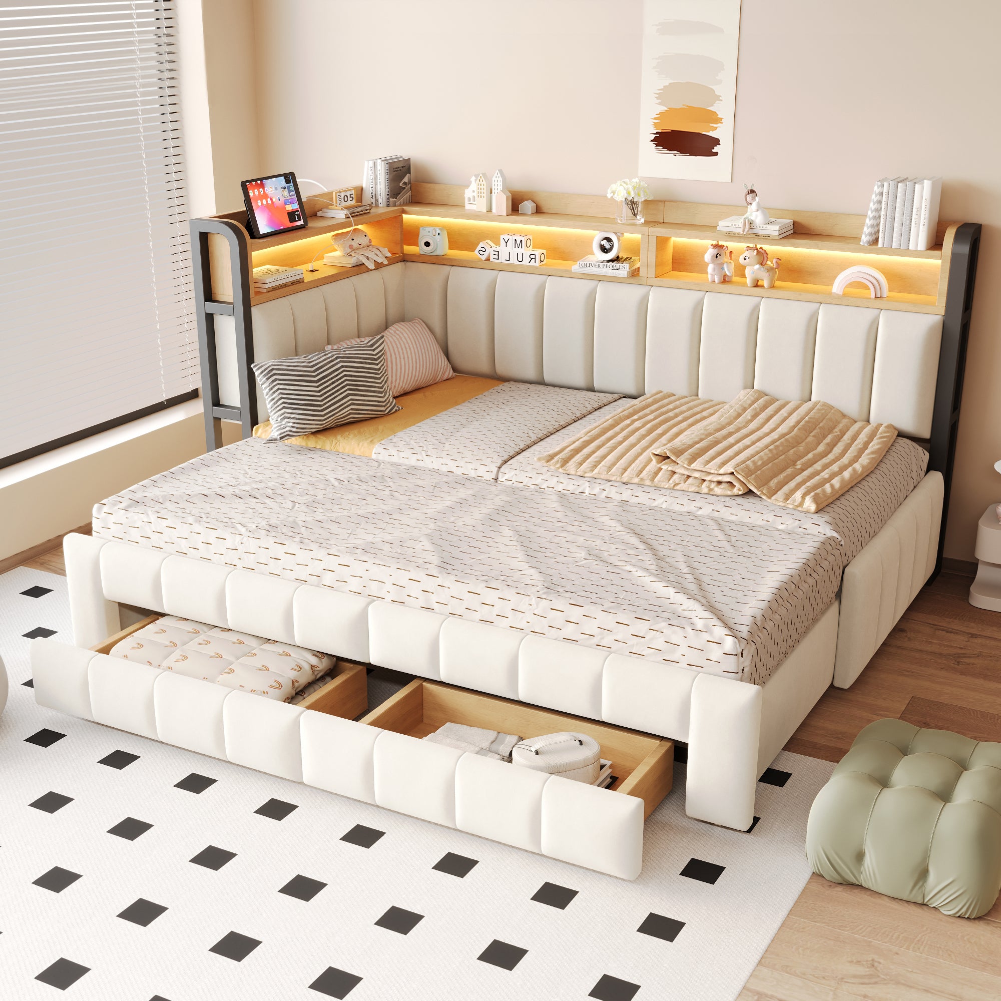 Upholstered Sofa Bed with Storage & LED Lighting, Beige Velvet