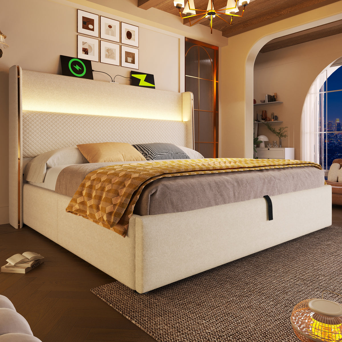 Modern Hydraulic Double Bed 180x200 LED USB Storage, Beige Linen