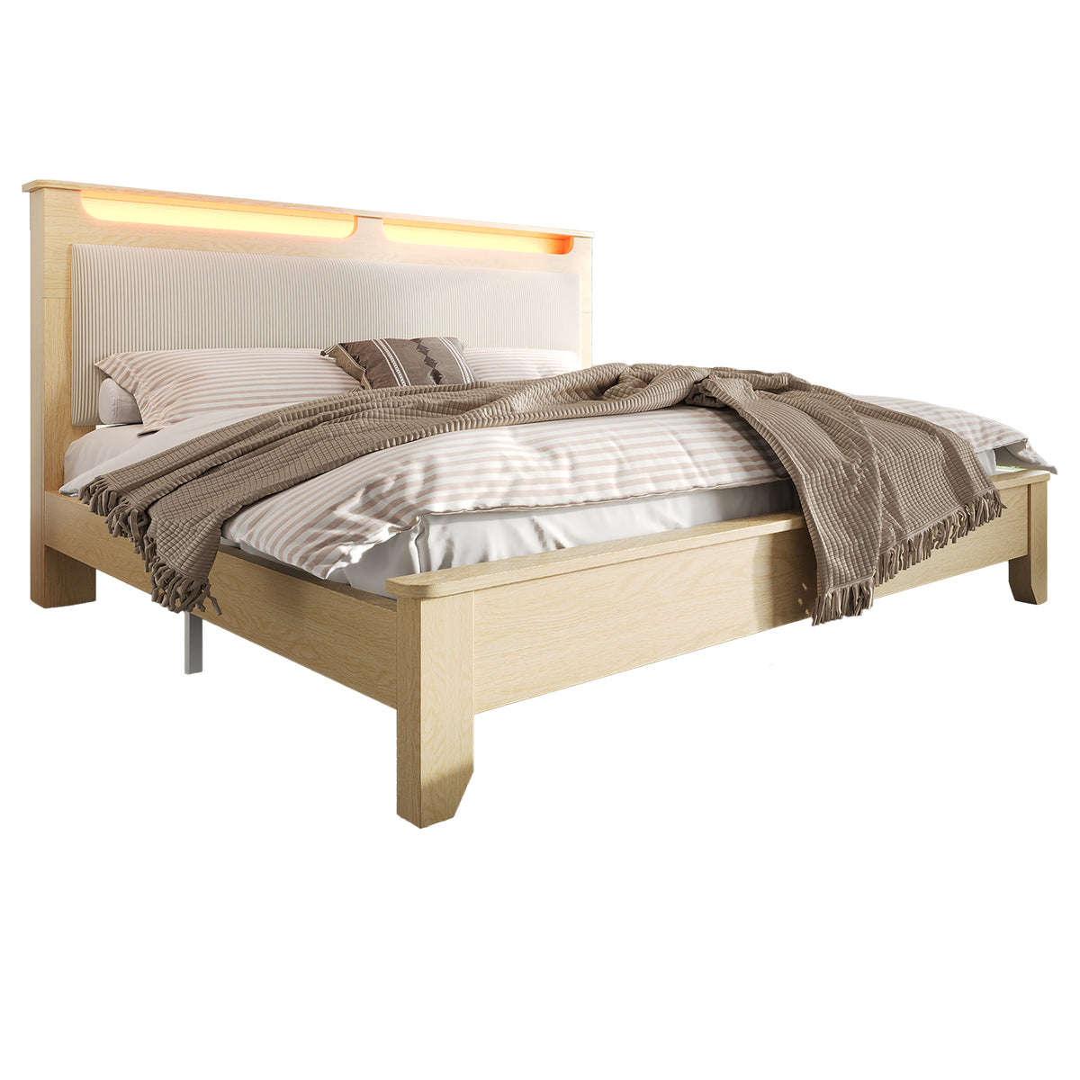 Wooden Double Bed 160x200cm with Storage & LED, Light Oak