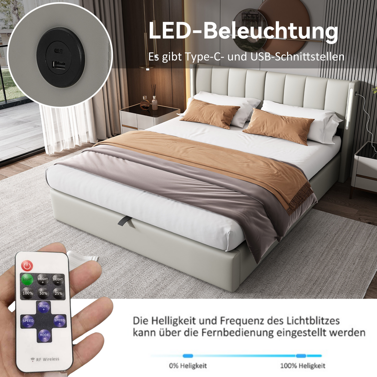 Hydraulic Upholstered LED Bed 180x200 cm with USB Storage, Grey PU