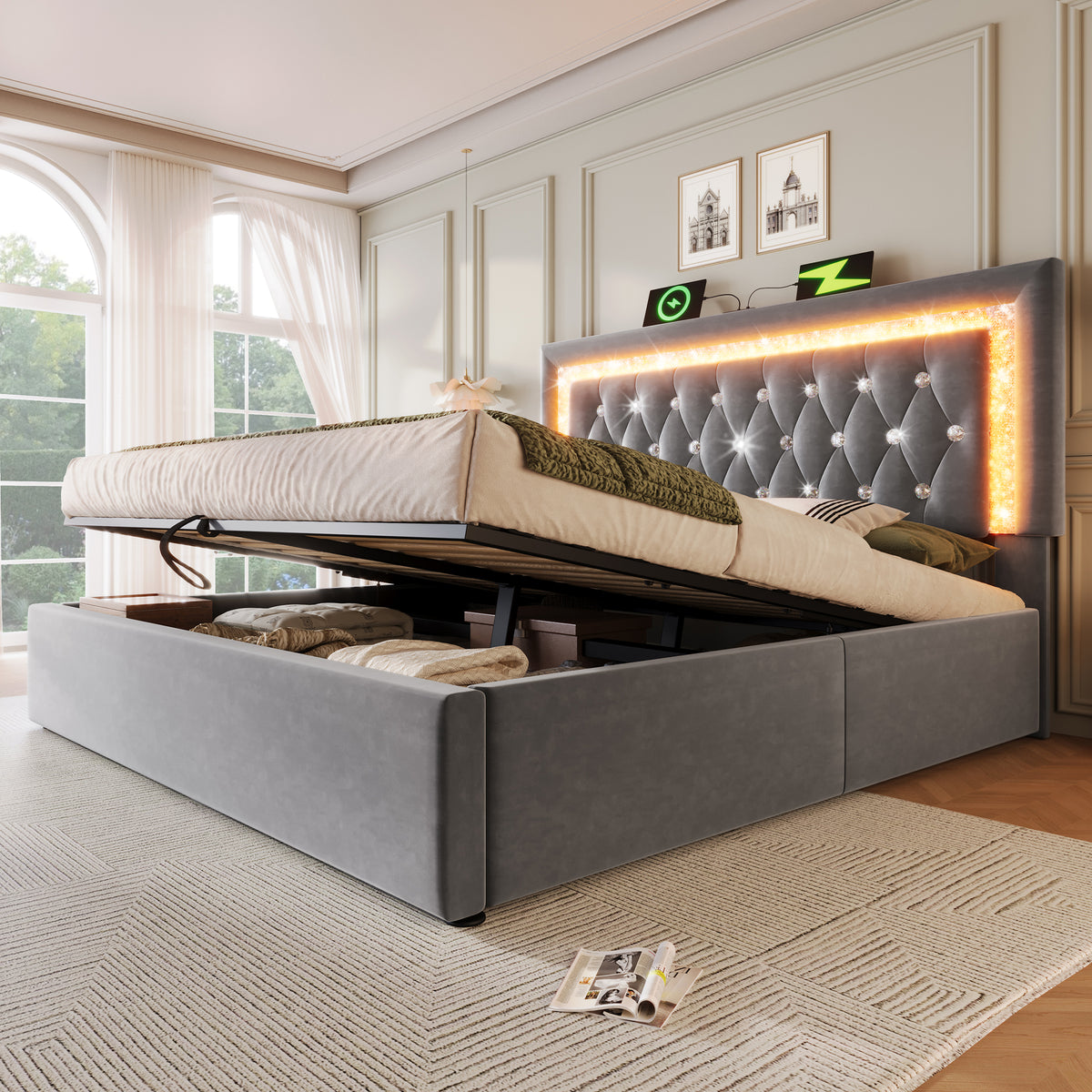 Upholstered Bed 180x200cm with LED & Storage, Grey Velvet