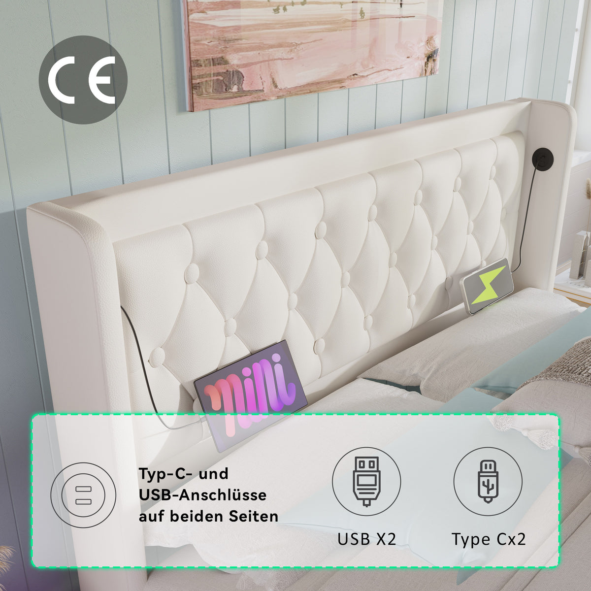 Upholstered Double Bed 180x200 with Storage & LED, White PU