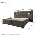 Upholstered Double Bed 180x200 with Storage, Lamp & USB, Grey Linen