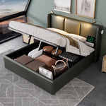 Upholstered Bed 180x200cm with Storage & LED Light, Grey PU Leather
