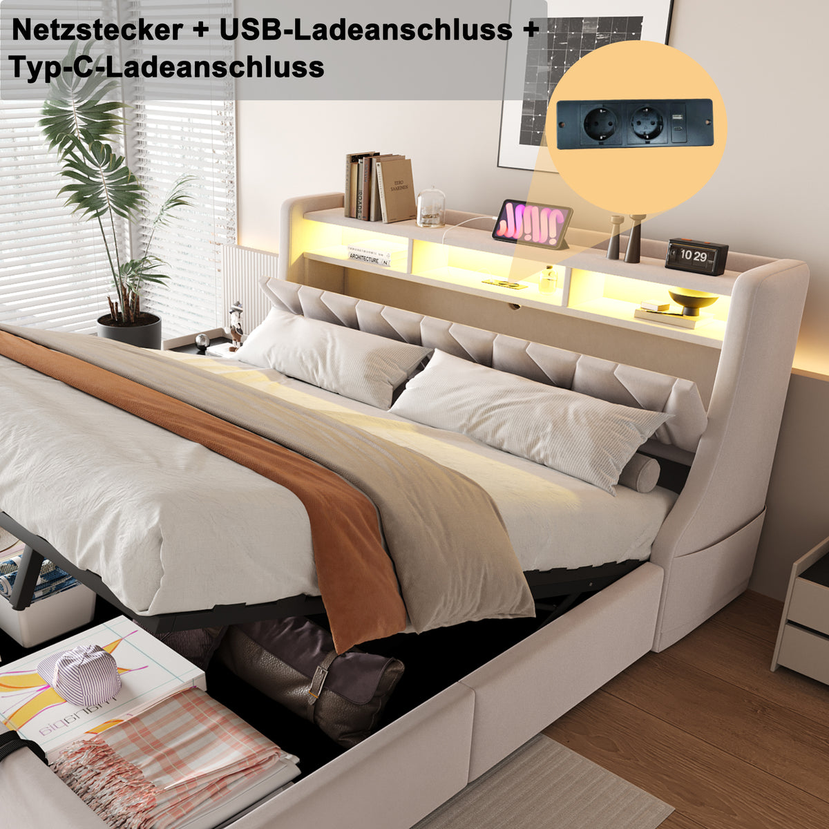 Upholstered Bed 180x200 with Hydraulic Storage & LED, Beige Velvet