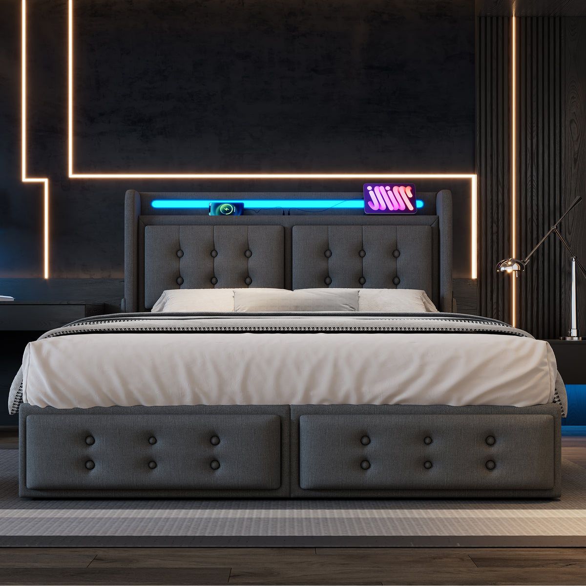 Upholstered Double Bed 180x200cm with LED & 4 Drawers, Grey