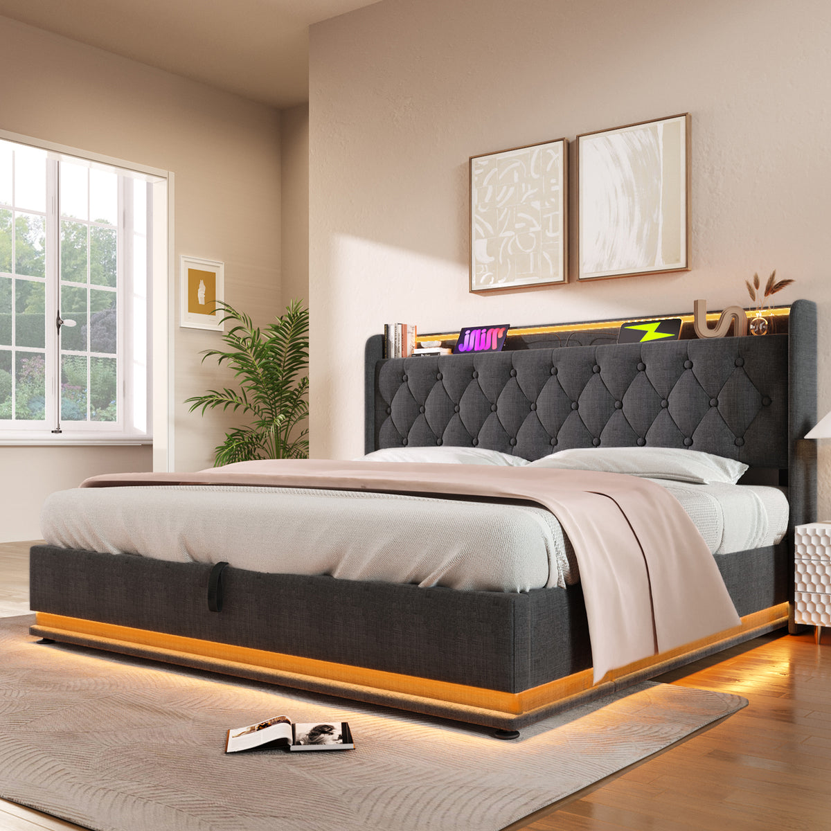 Upholstered Double Bed with LED, Storage & USB, 140x190cm, Grey Linen