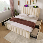 Upholstered Bed 140x190cm with 4 Drawers & USB, Beige Linen