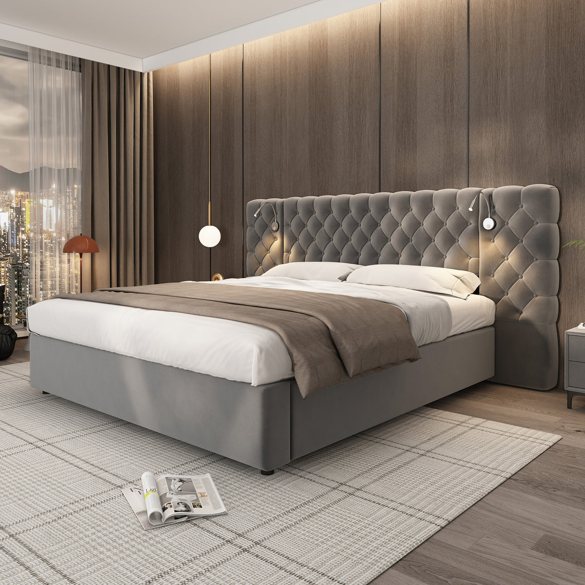 Upholstered Hydraulic Storage Bed 180x200 LED, Grey Velvet
