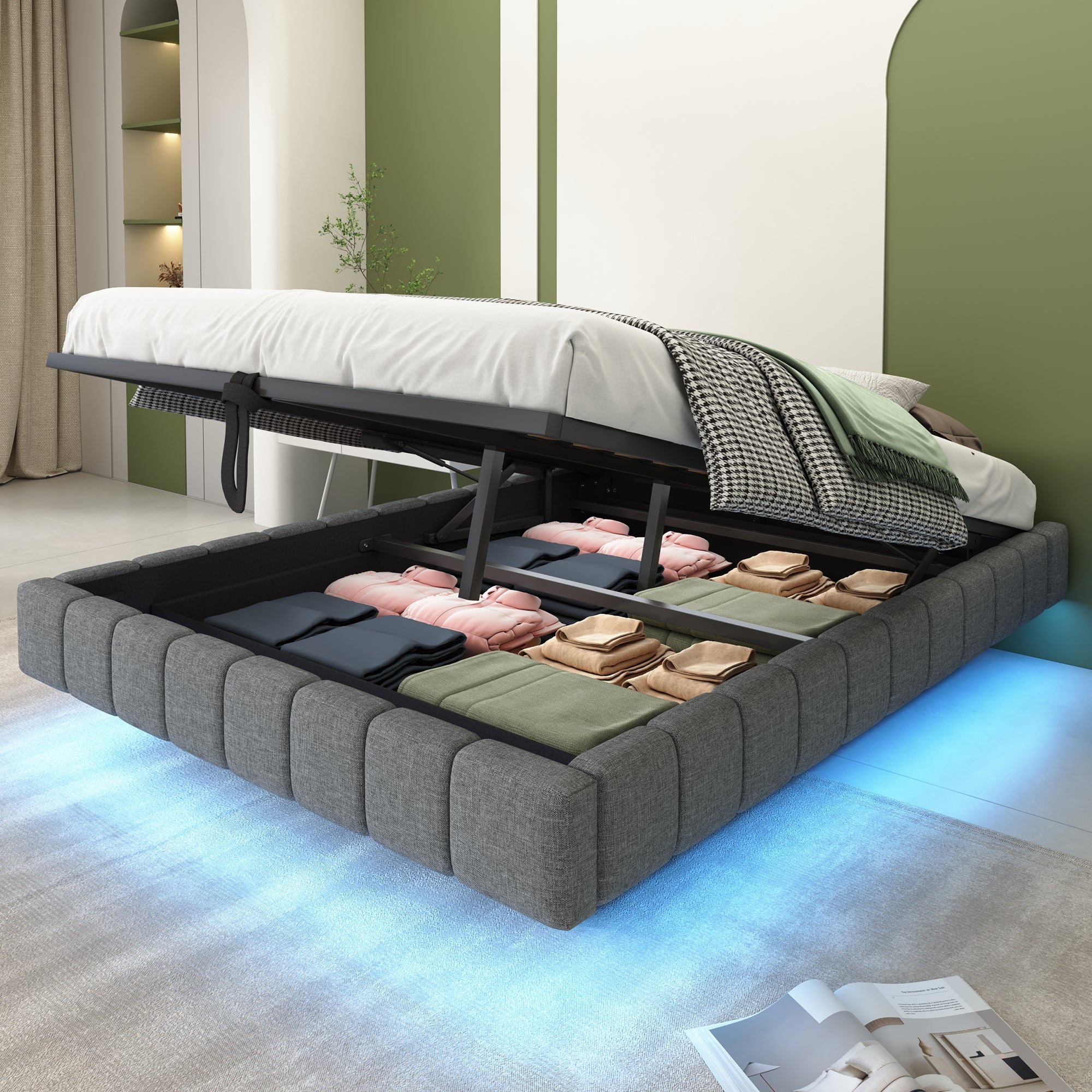 Upholstered Floating Bed 140x200 Hydraulic Storage LED, Grey Linen