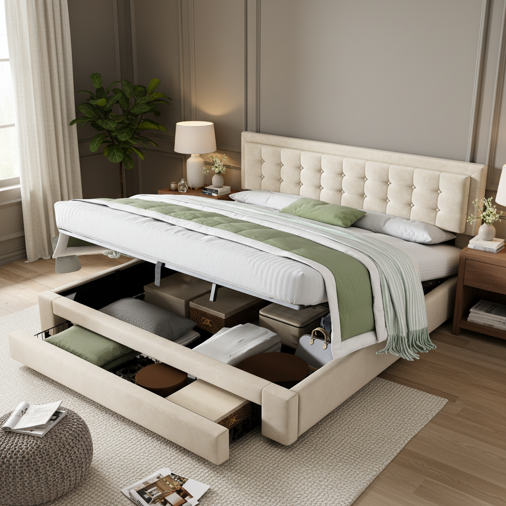 Upholstered Double Bed 180x200 with Storage Drawers, Beige Velvet