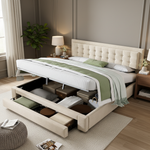 Upholstered Double Bed 180x200 with Storage Drawers, Beige Velvet