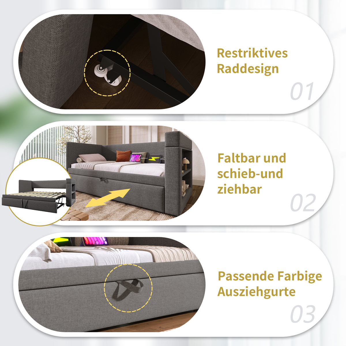 Upholstered Bed 140x200cm with USB, Storage & LED, Grey