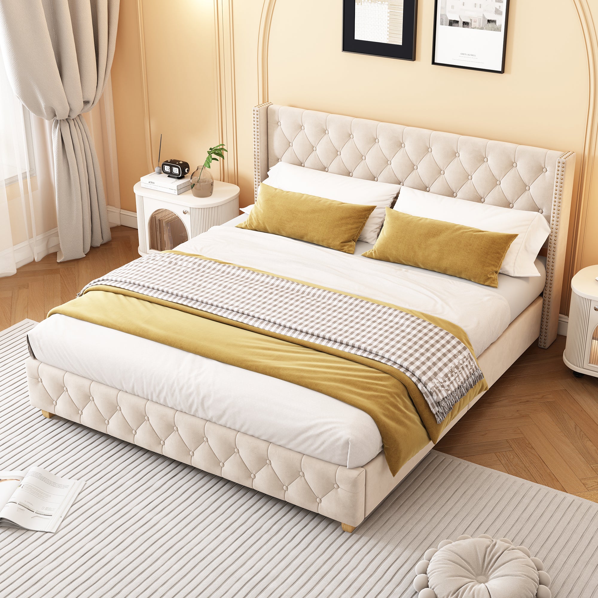 Upholstered Bed 180x200cm with Headboard Light Beige Velvet