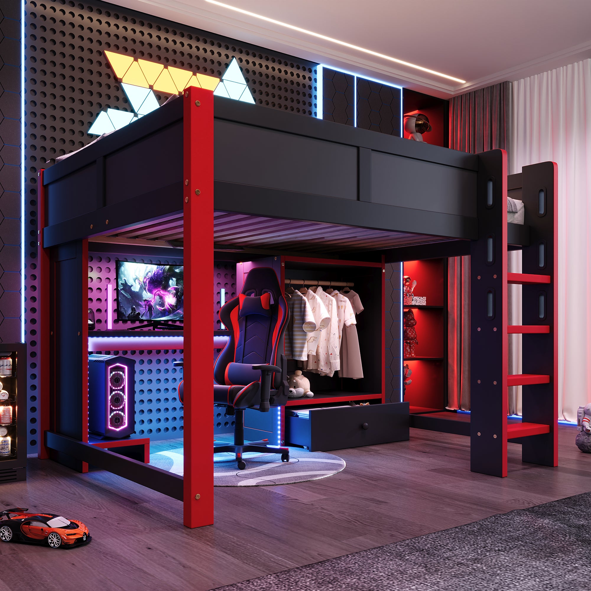 Gaming Loft Bed 140x200cm with Desk & LED, Black + Red