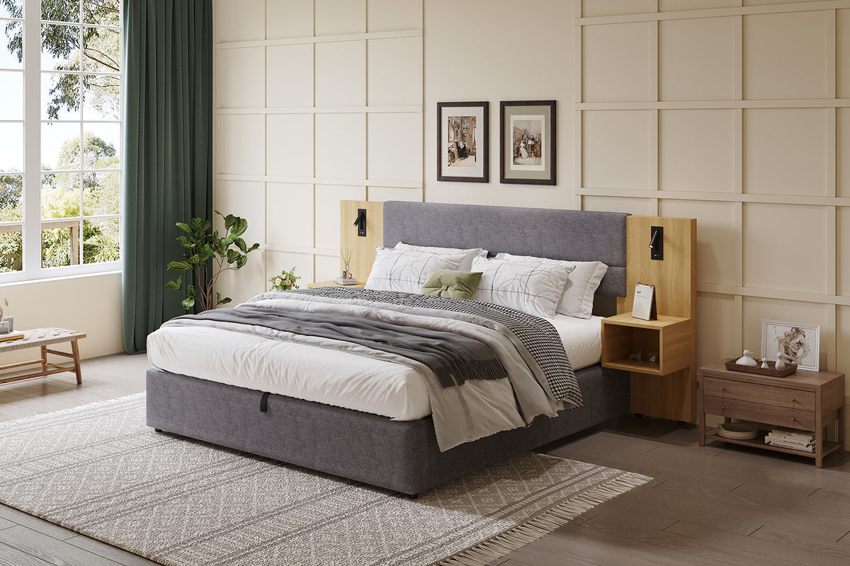 Upholstered Bed 180x200cm with LED & 2 Nightstands, Grey Velvet