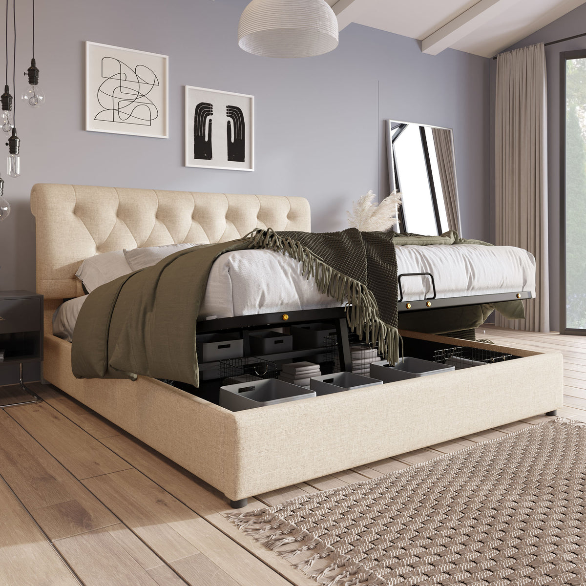 Hydraulic Upholstered Bed 140x200cm with Storage, Natural