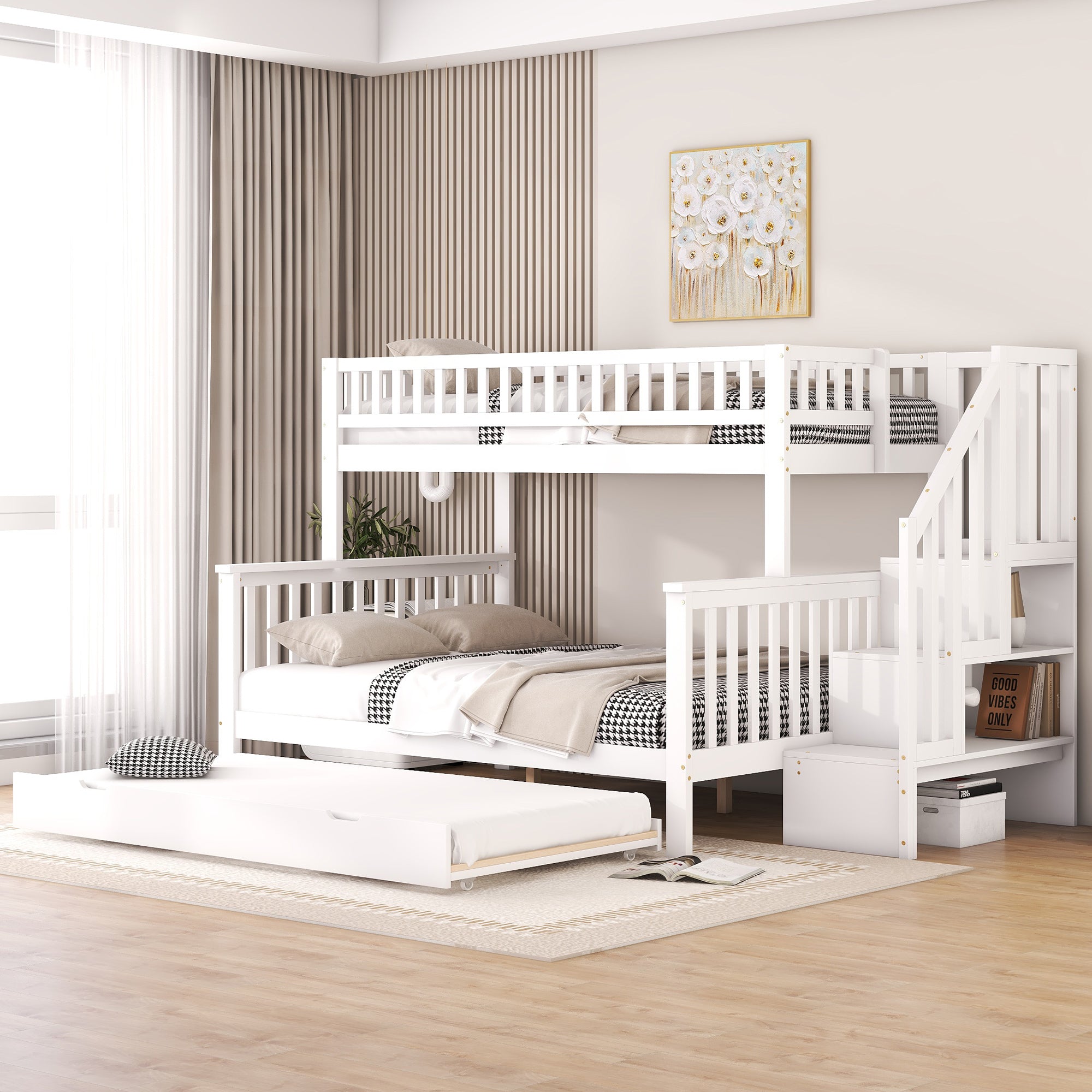 Bunk Bed 90x200/140x200cm with Stairs & Storage, Pine White