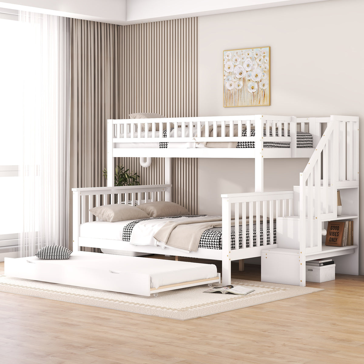 Bunk Bed 90x200/140x200cm with Stairs & Storage, Pine White