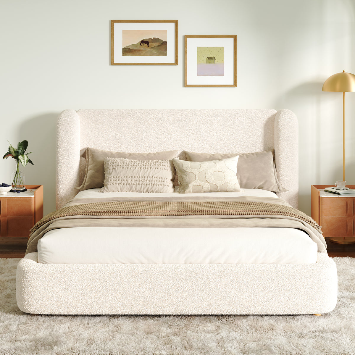 Upholstered Double Bed 160x200 with Hydraulic Storage, Beige Bouclé