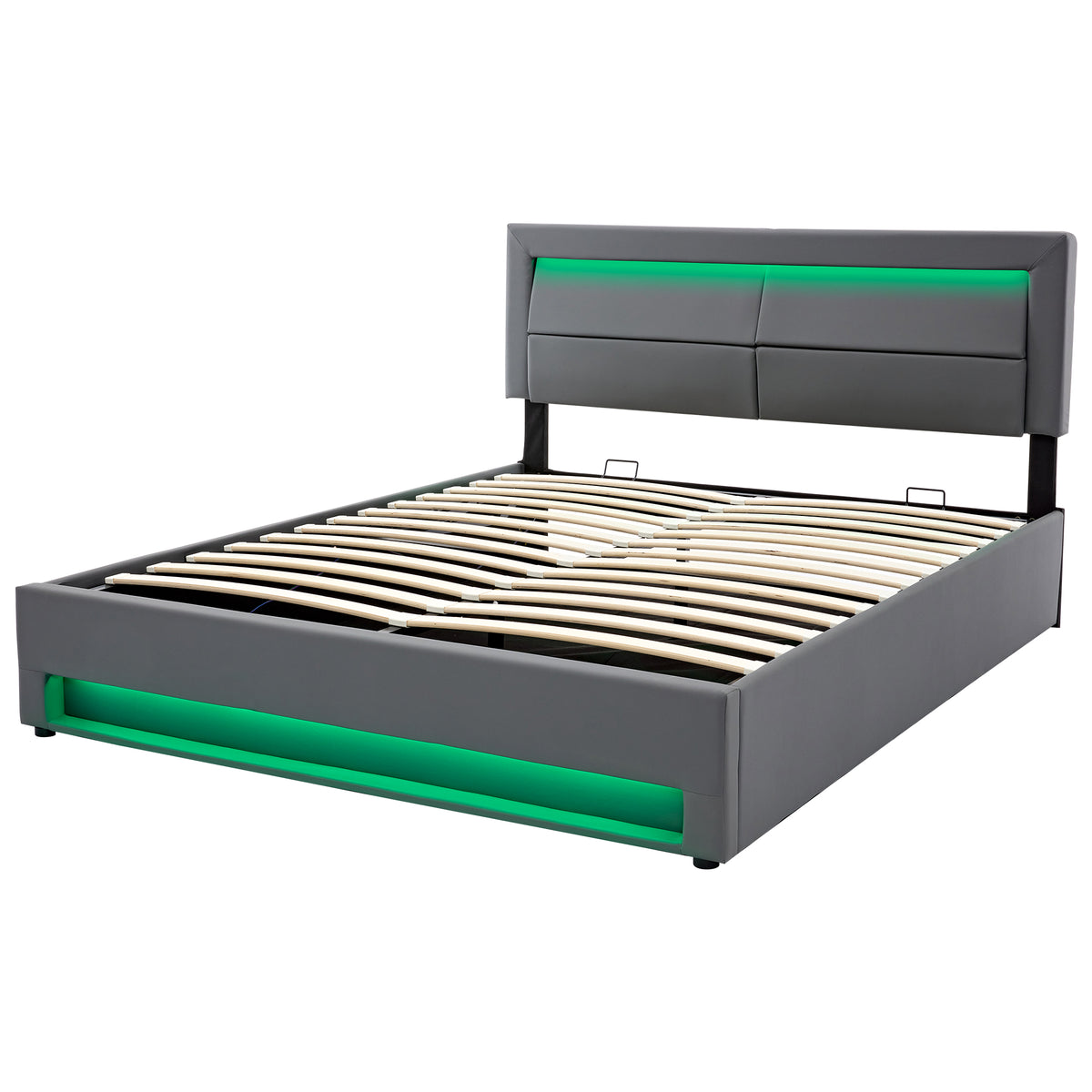 Upholstered Bed 160x200cm with LED & Storage, Grey PU