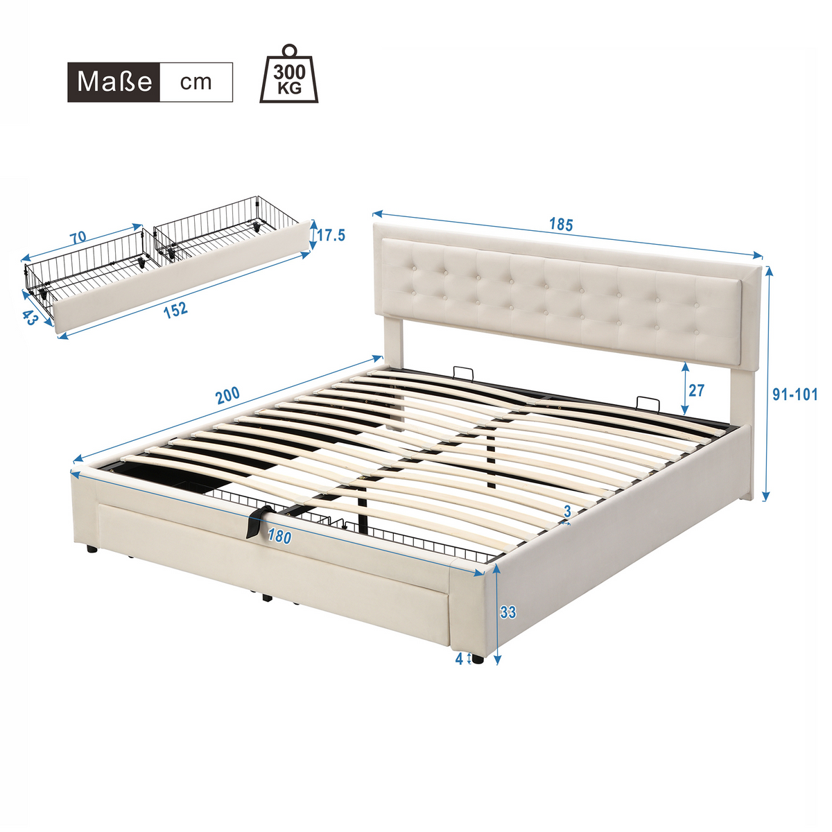 Upholstered Double Bed 180x200 with Storage Drawers, Beige Velvet