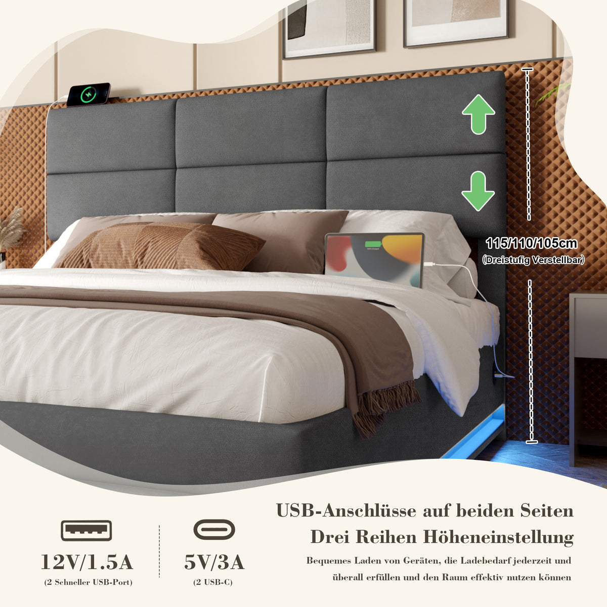 Upholstered Bed 180x200cm with Storage & LED, Grey Velour