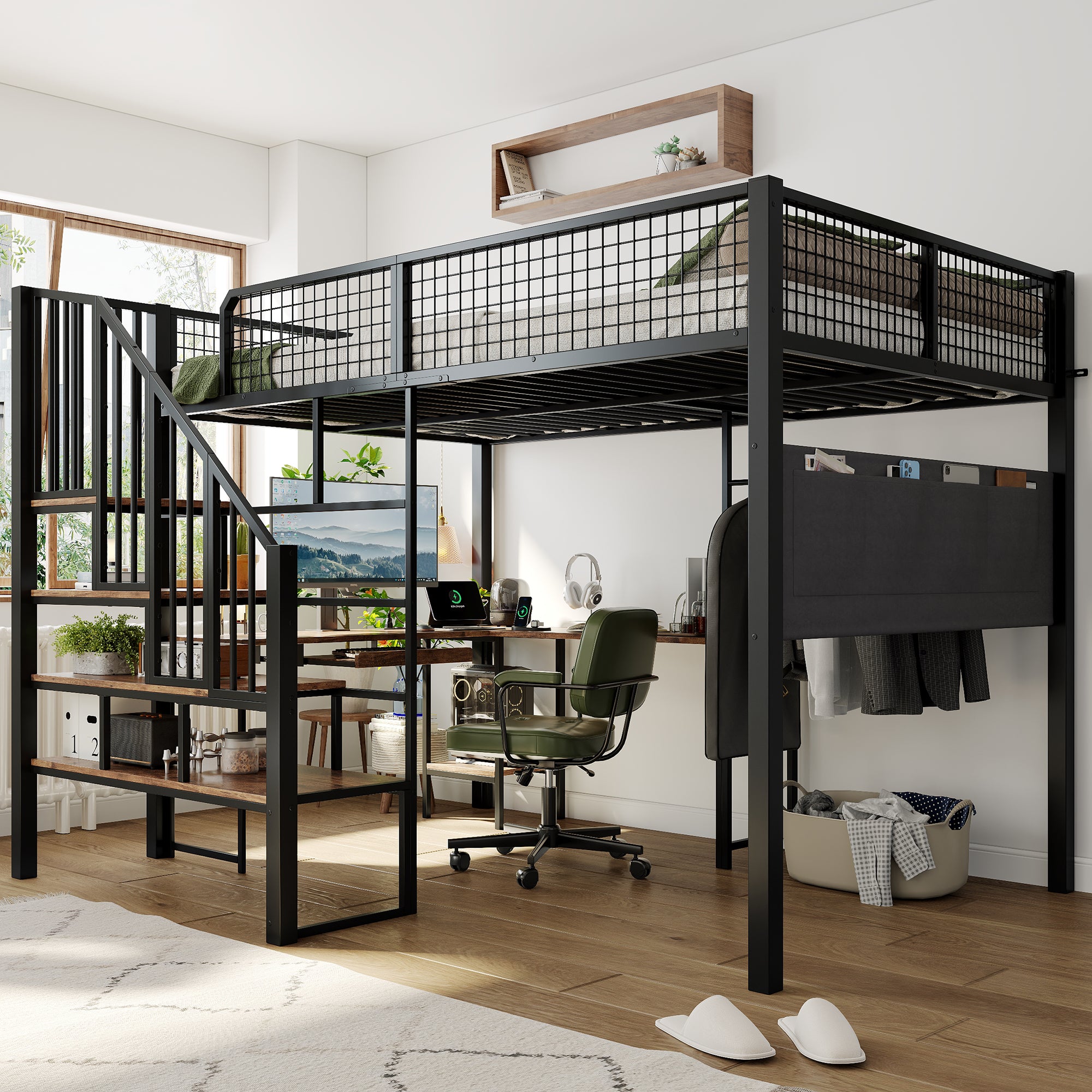 Loft Bed 140x200 cm with Corner Desk & Stairs, Black Metal