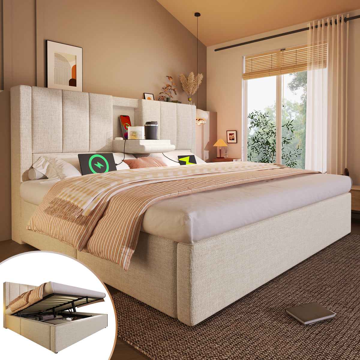 Upholstered Bed 140x190cm with Storage & Charging, Beige Linen