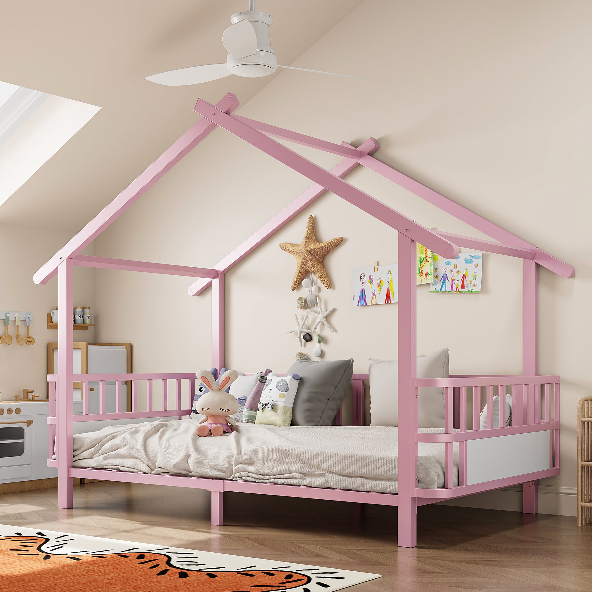 House Children's Bed Frame 90x200cm with Safety Rail, Pink Metal