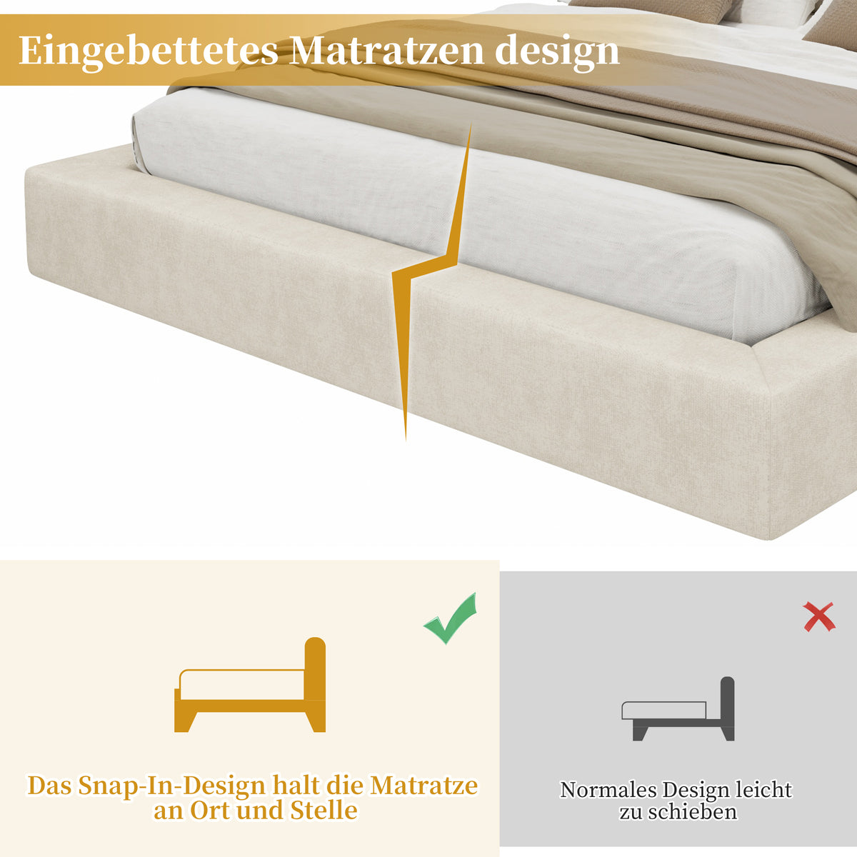 Upholstered Double Bed 180x200 cm with Slatted Base, Beige Chenille