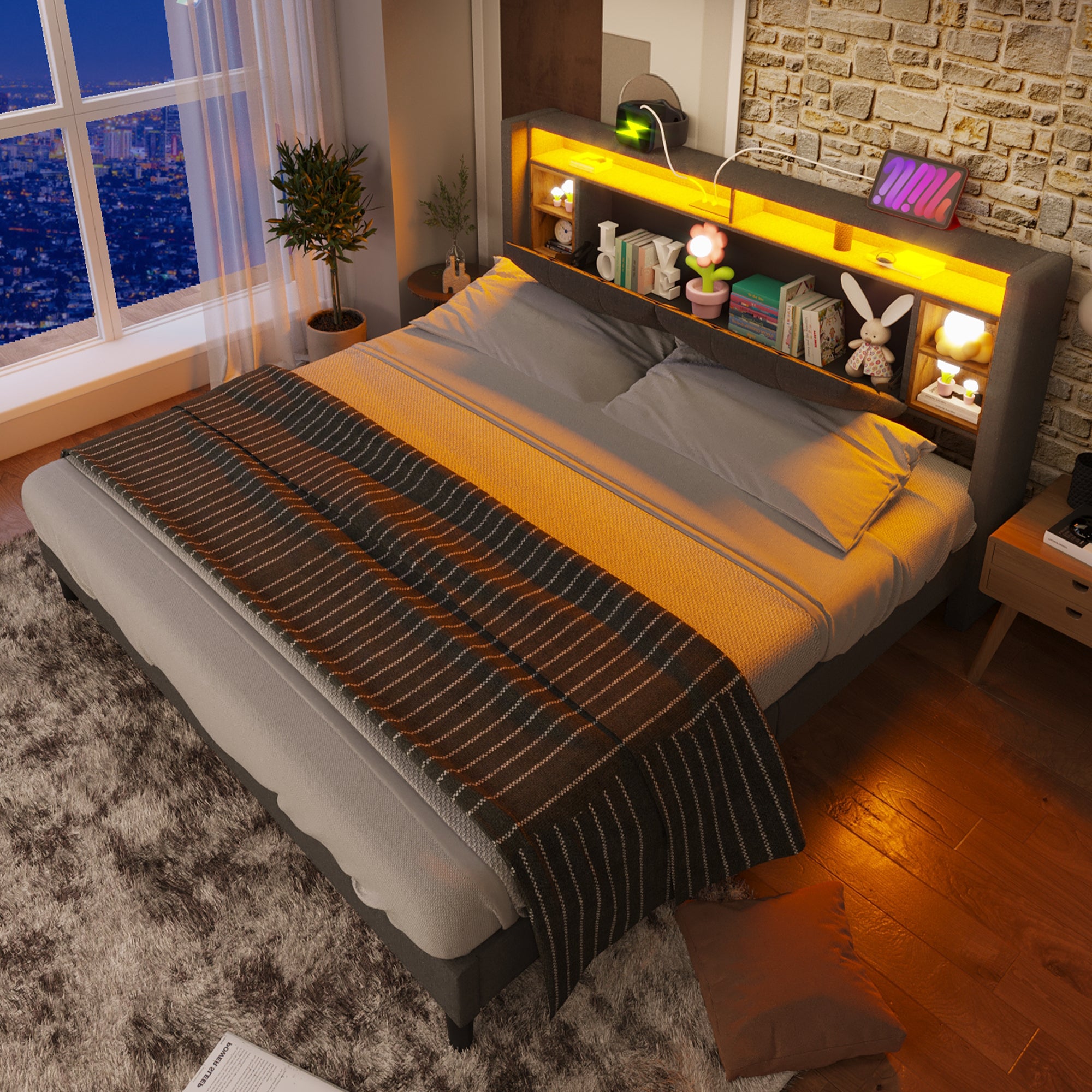 Upholstered Double Bed Frame with Storage Headboard, USB & LED, Grey