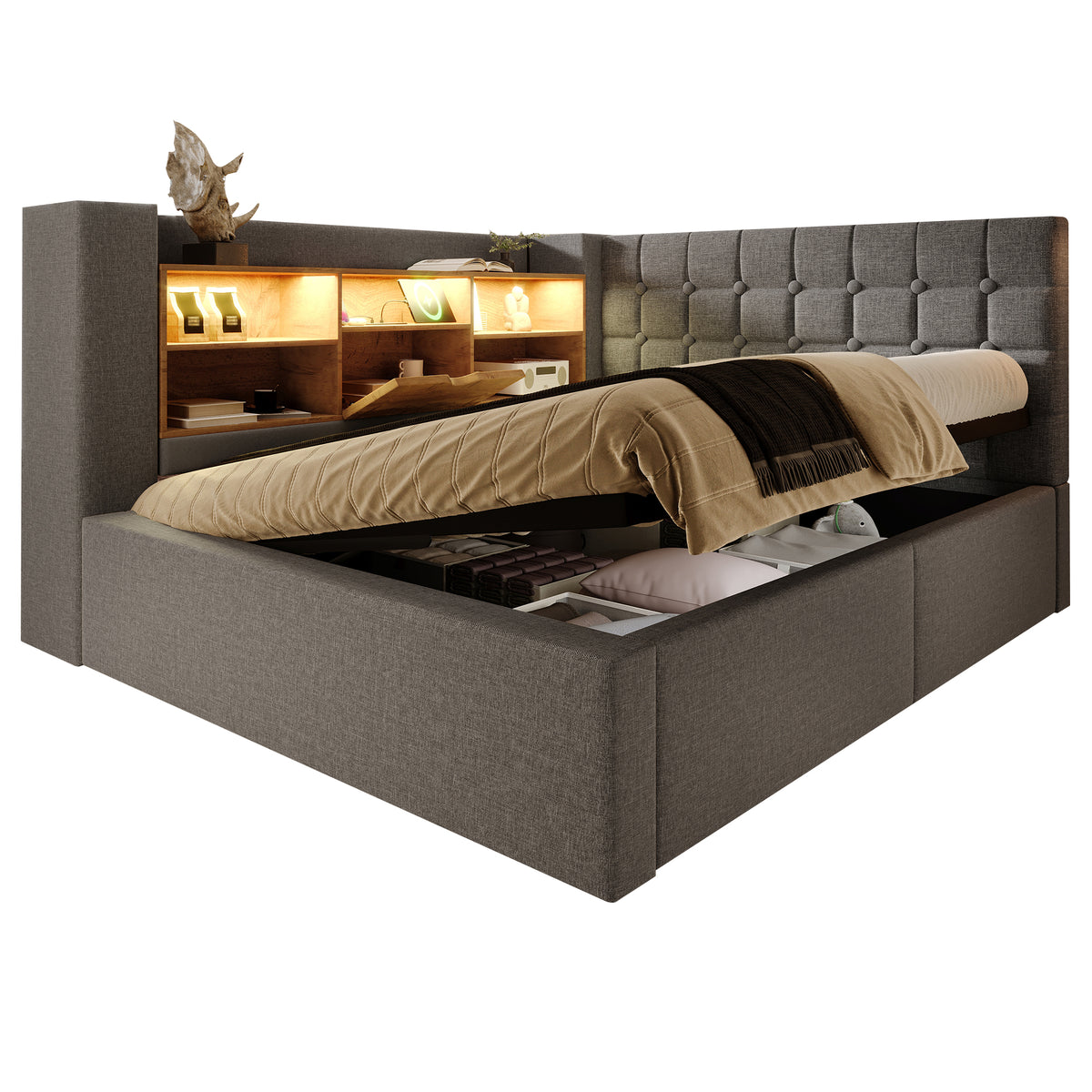 Upholstered Double Bed 180x200cm Hydraulic Storage, Grey Linen