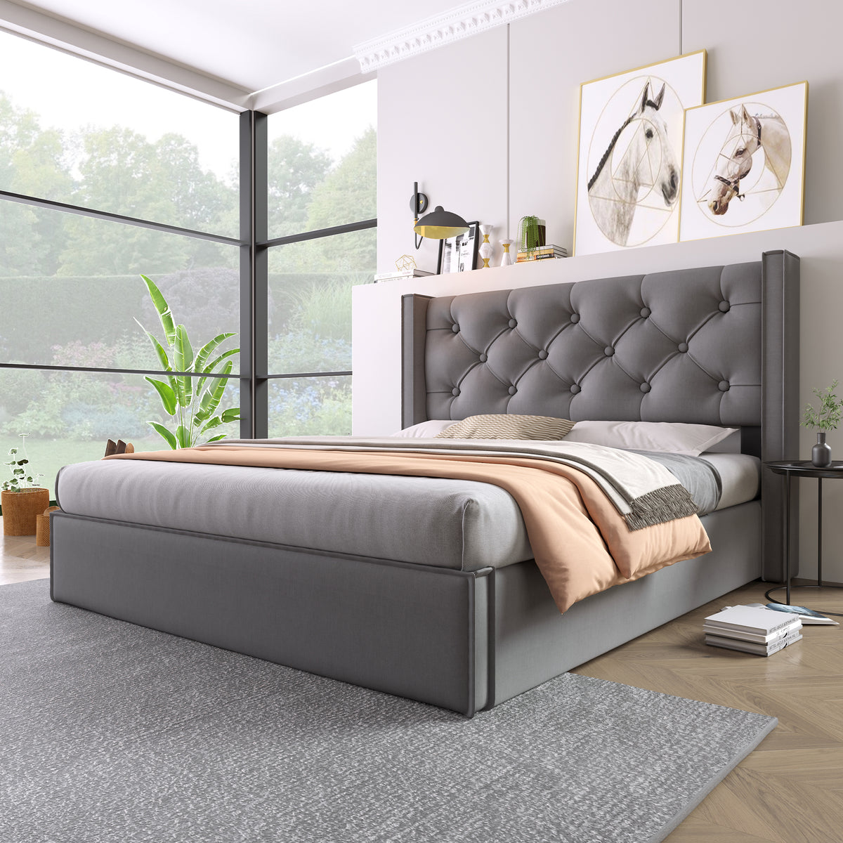 Hydraulic Double Upholstered Bed 160x200cm with Storage, Grey Cotton