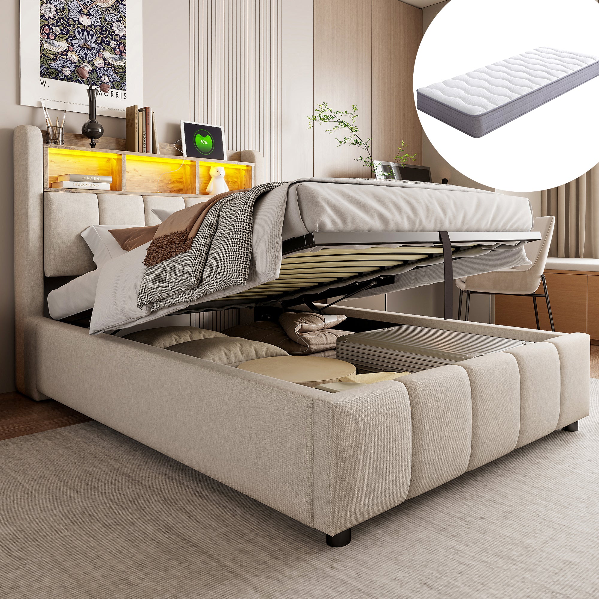 Upholstered Single Bed 90x200 LED USB Storage, Beige Linen