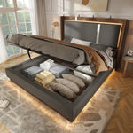 Double Upholstered Bed 140x190 with Storage & LED, Linen Grey & Walnut