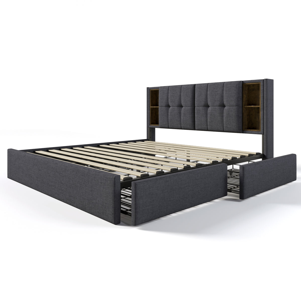 Upholstered Double Bed 160x200cm with 4 Drawers - Grey Linen