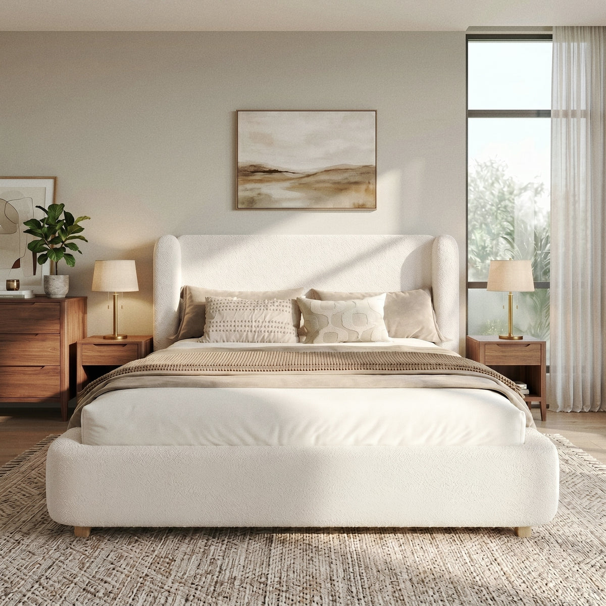 Upholstered Double Bed, Hydraulic Storage 140x190cm, Beige Bouclé