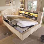 Upholstered Bed 140x200 with LED & Storage, Beige Linen