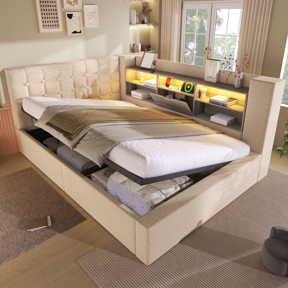 Upholstered Bed 140x200 with LED & Storage, Beige Linen