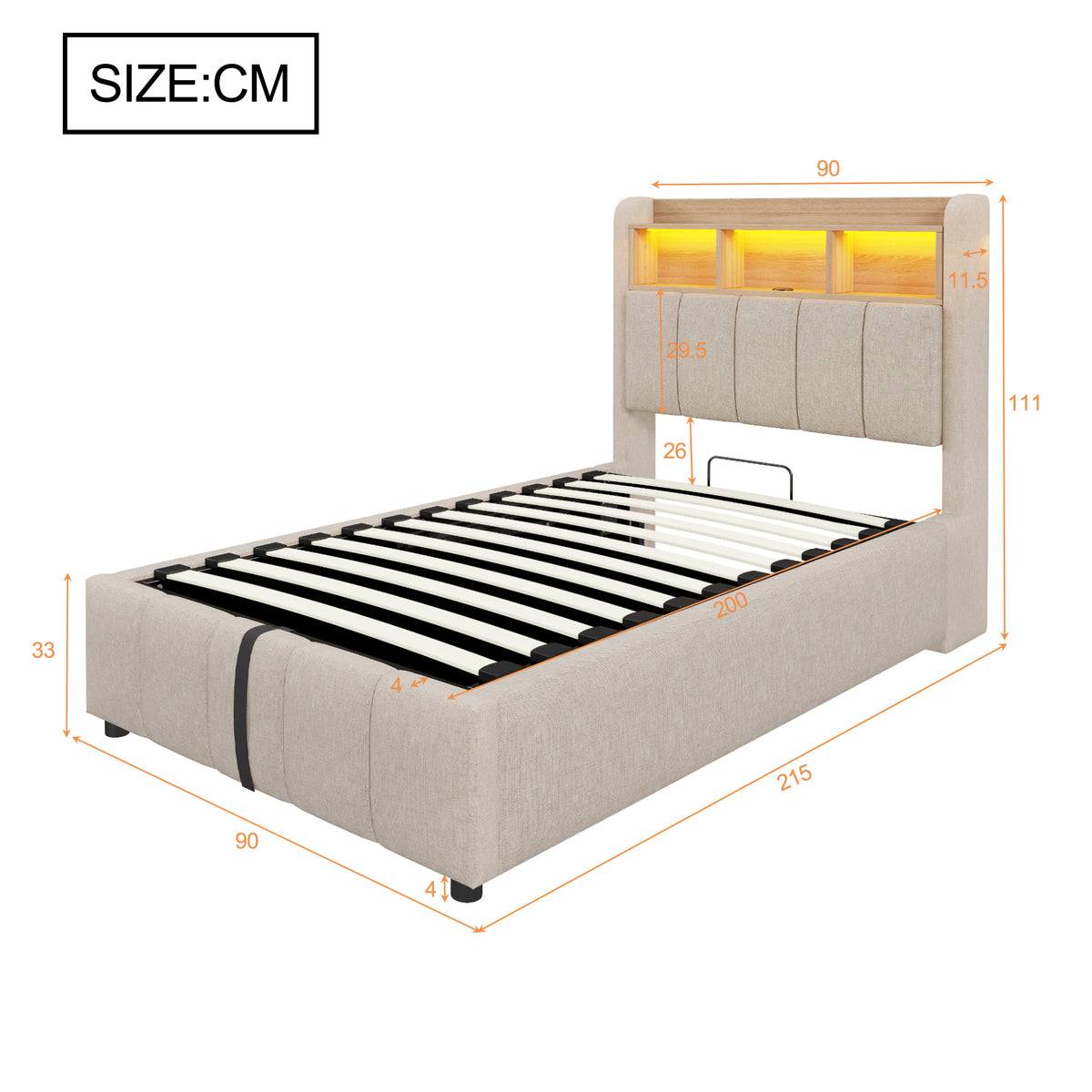 Upholstered Single Bed 90x200 LED USB Storage, Beige Linen