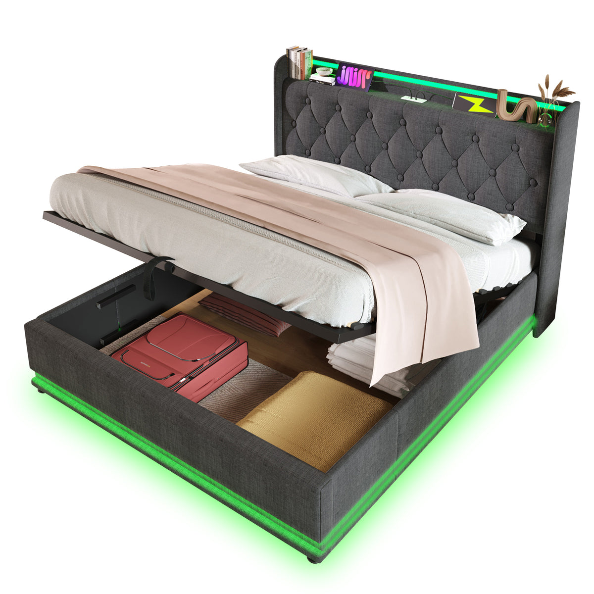 Upholstered Double Bed 140x200cm with Drawers - Grey Velvet