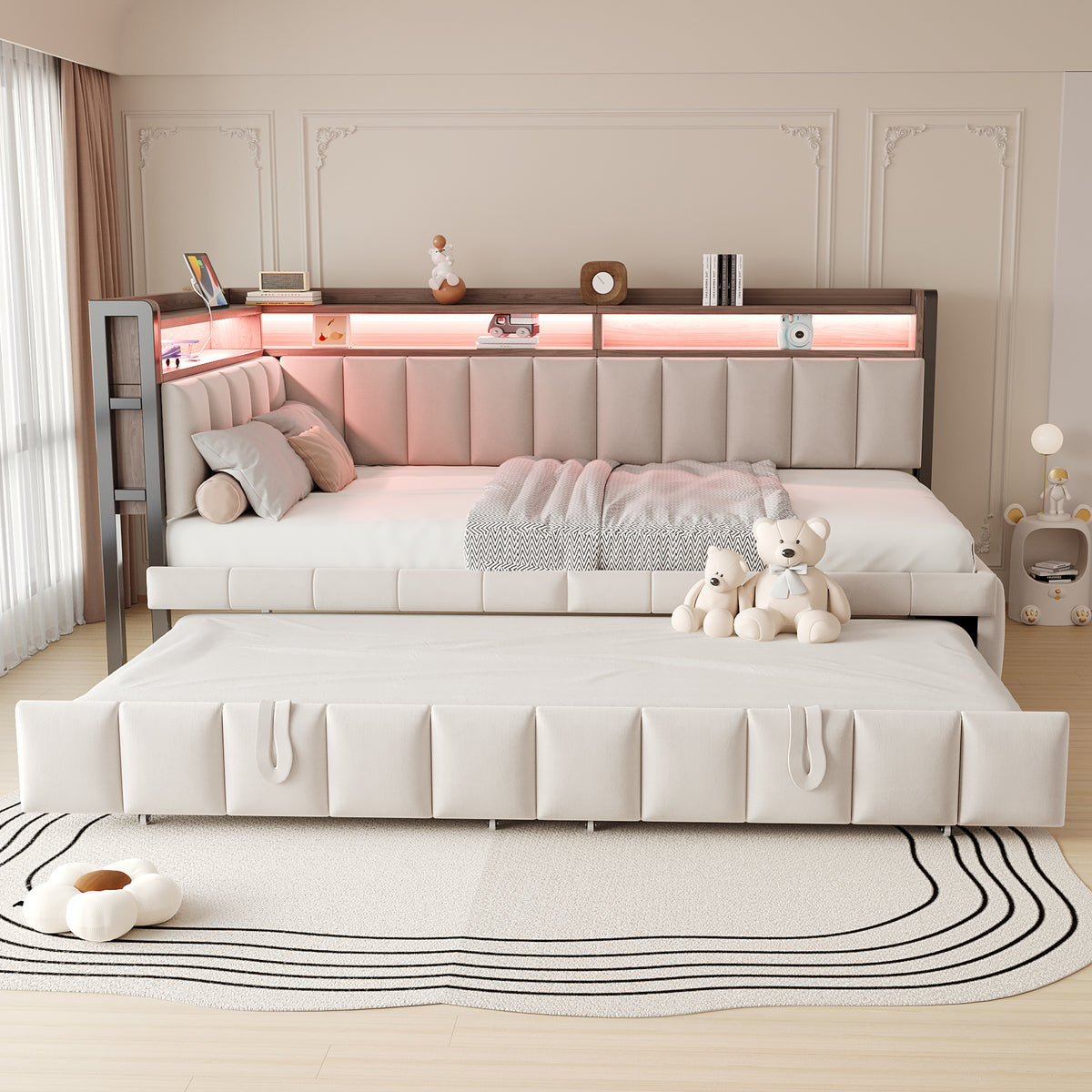 Upholstered Sofa Bed 90x200cm with Pull-Out Bed & LED, Beige Velvet