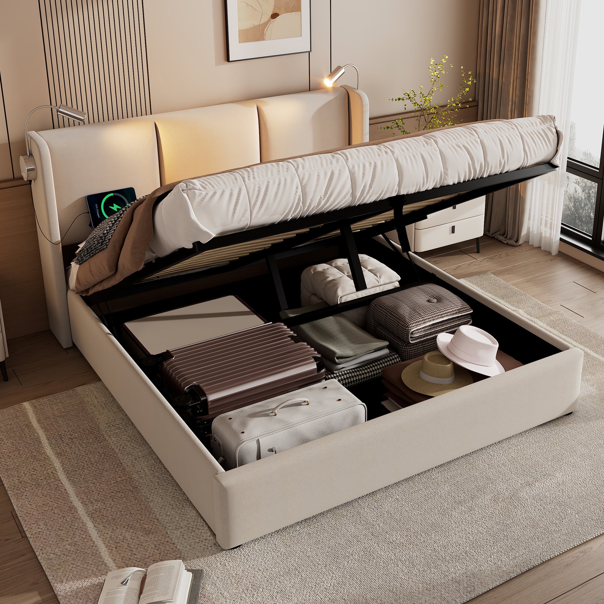 Upholstered Double Bed 180x200 with Storage & LED, Beige Linen